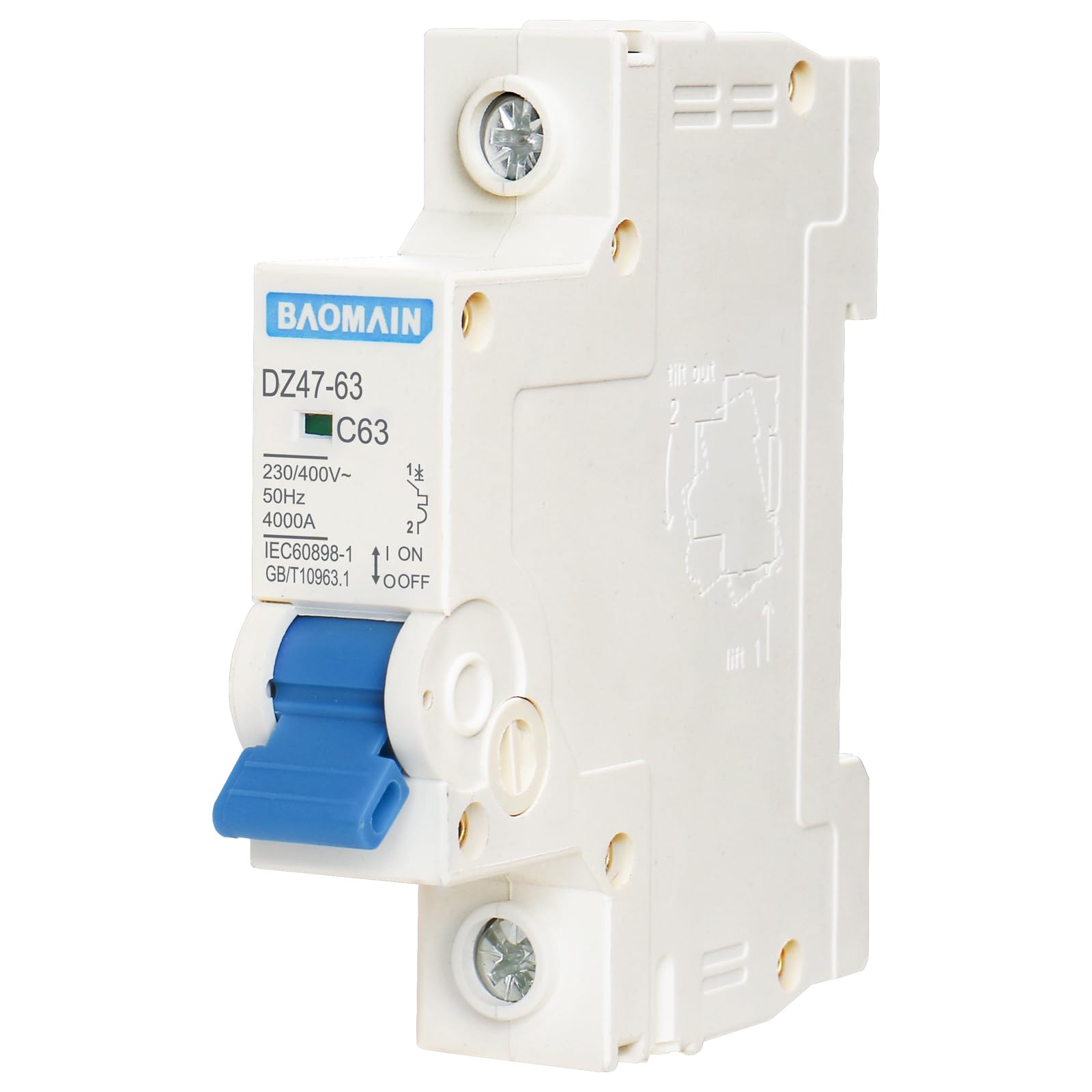 BaomainMiniature Circuit Breaker Single-Pole 63A DZ47-63 C63 400VAC, DIN Rail Mount MCB 1P, for Electrical Distribution and Lighting Circuits