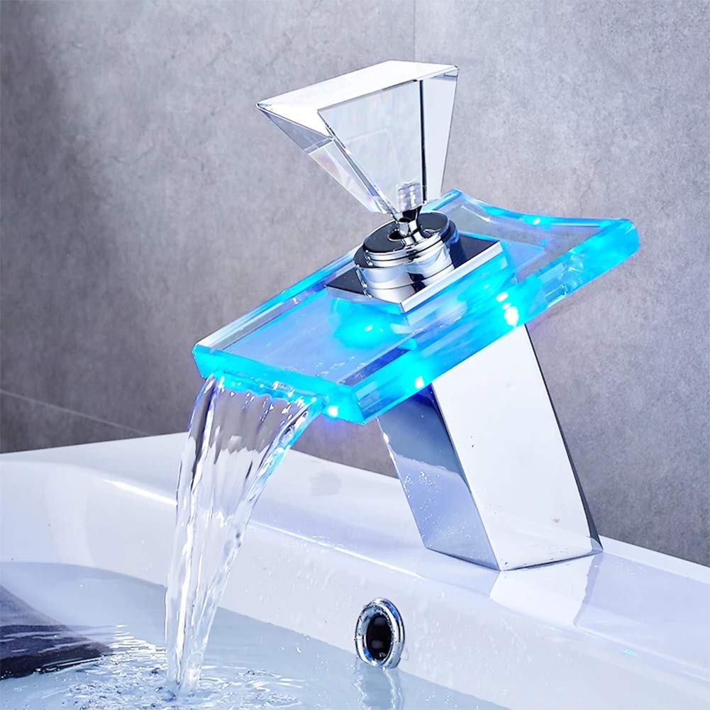 Grifo De Lavabo Cascada Con Iluminación LED Grifo Baño De Latón Con Agua Fría Y Caliente Disponible, Moderno Monomando Cromado Grifo De Cuenca Con Válvula De Cerámica, Ahorrar El Agua