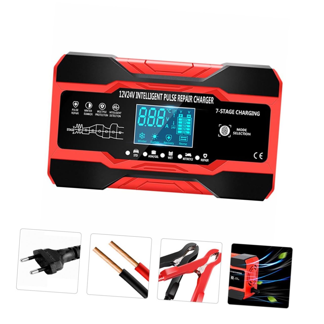 Chargeur de Batterie Voiture Intelligent 12v 24v Protection Court-circuit, Boîtier Abs Rouge, Chargeur de Réparation à Impulsions pour Usage Extérieur Automobile