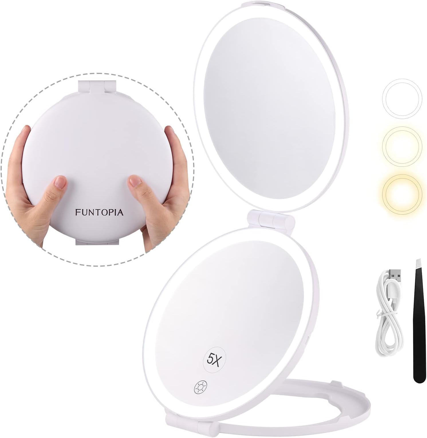 Funtopia Travel Mirror with Light, 6.3" Magnifying Mirror 5X/1X, Rechargeable Makeup Vanity Mirror, Portable LED Compact Mirror, Double Sided Folding Cosmetic Mirror, 3 Colors Light
