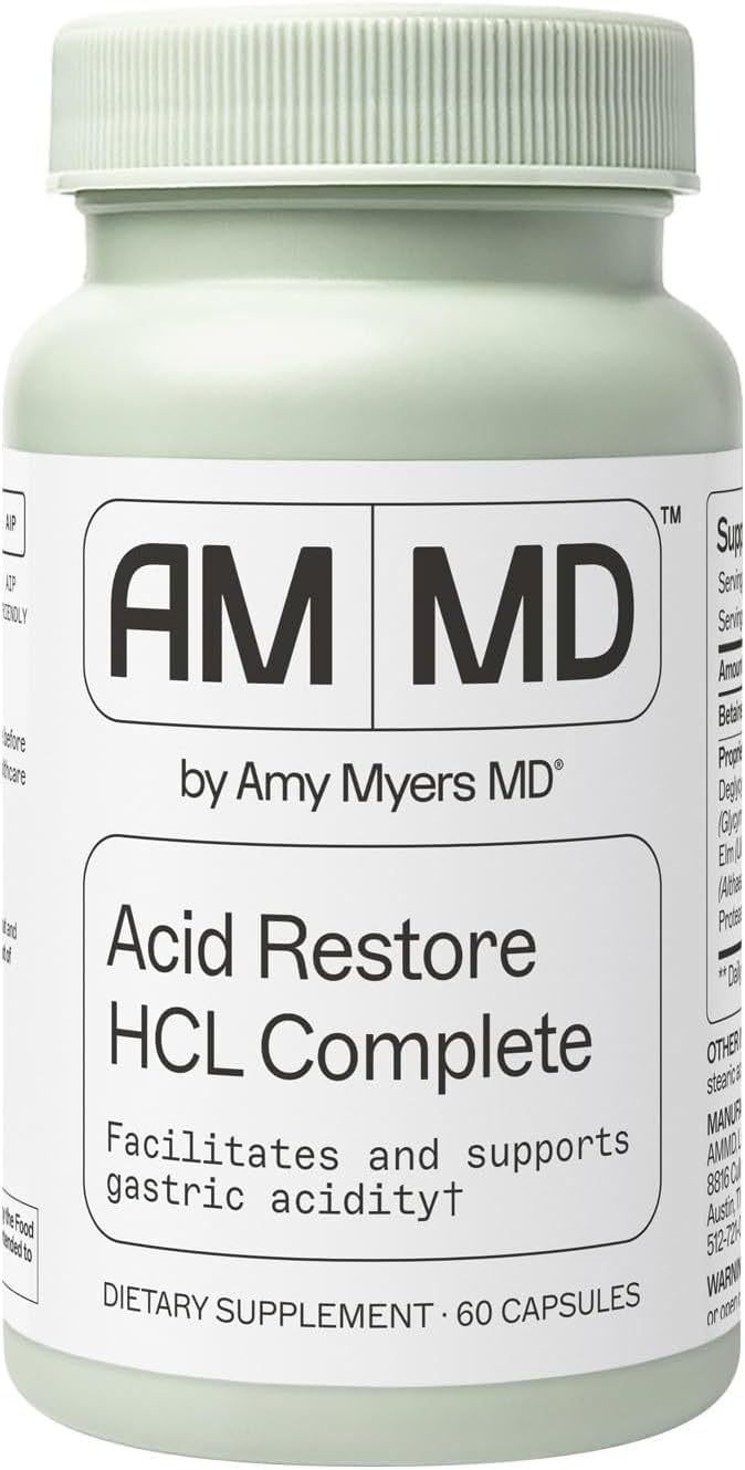 Amy Myers MD Acid Restore with Betaine & HCL - Supplement for Digestive & Gut Health Support - with Slippery Elm Bark - Non-GMO, Gluten-Free & Non-Dairy - 60 Capsules (60 Servings)