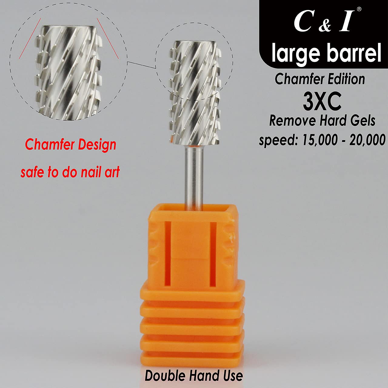 C & I Large Barrel Nail Drill Bit, Chamfer Edition, Professional E-File for Nail File Machine, Designed to Remove Nail Gels, Acrylics, and other nail color covers 3/32” (Triple Coarse - 3XC)