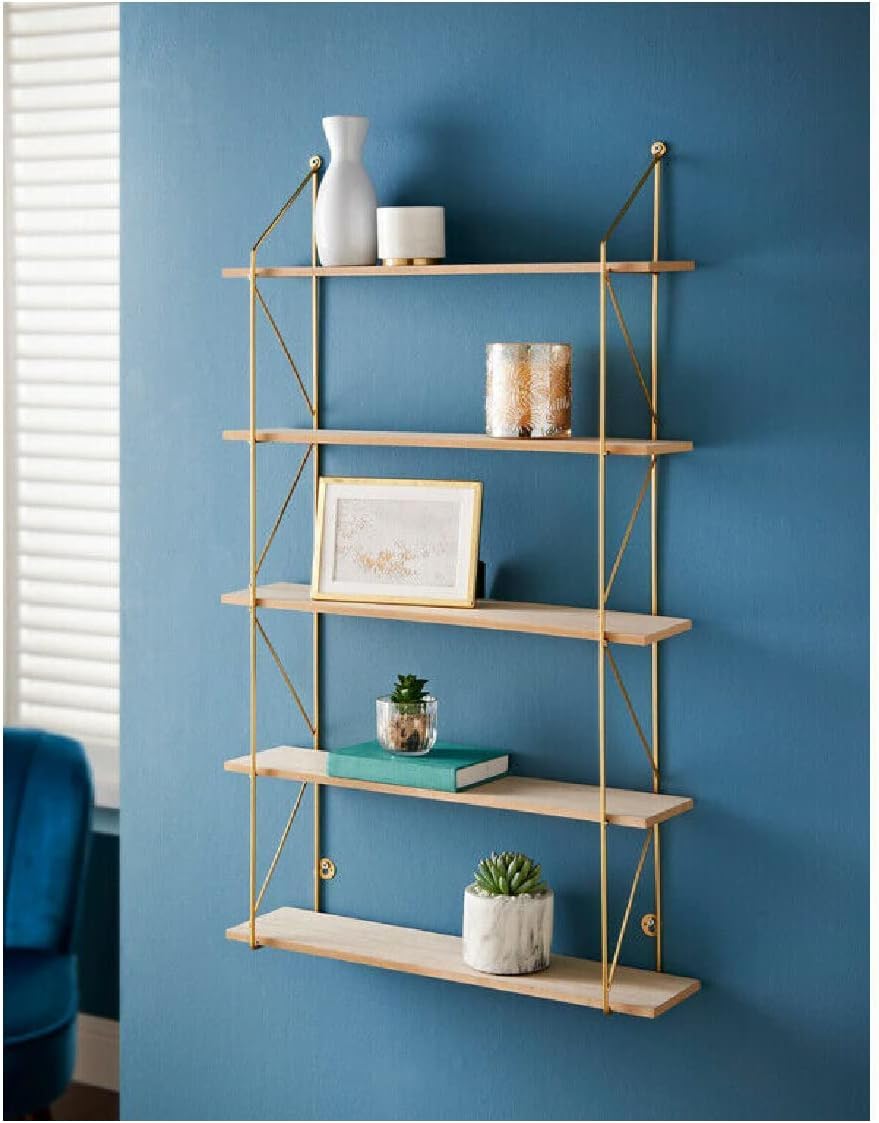 YORKSHIRE HOMEWARE 5 Tier Floating Shelf | Wall Shelves for Bedroom | Wall Mounted Bookcase Hanging Shelves | Book Shelves for Room | Display Wooden Shelving Unit (Gold Wire Shelf)