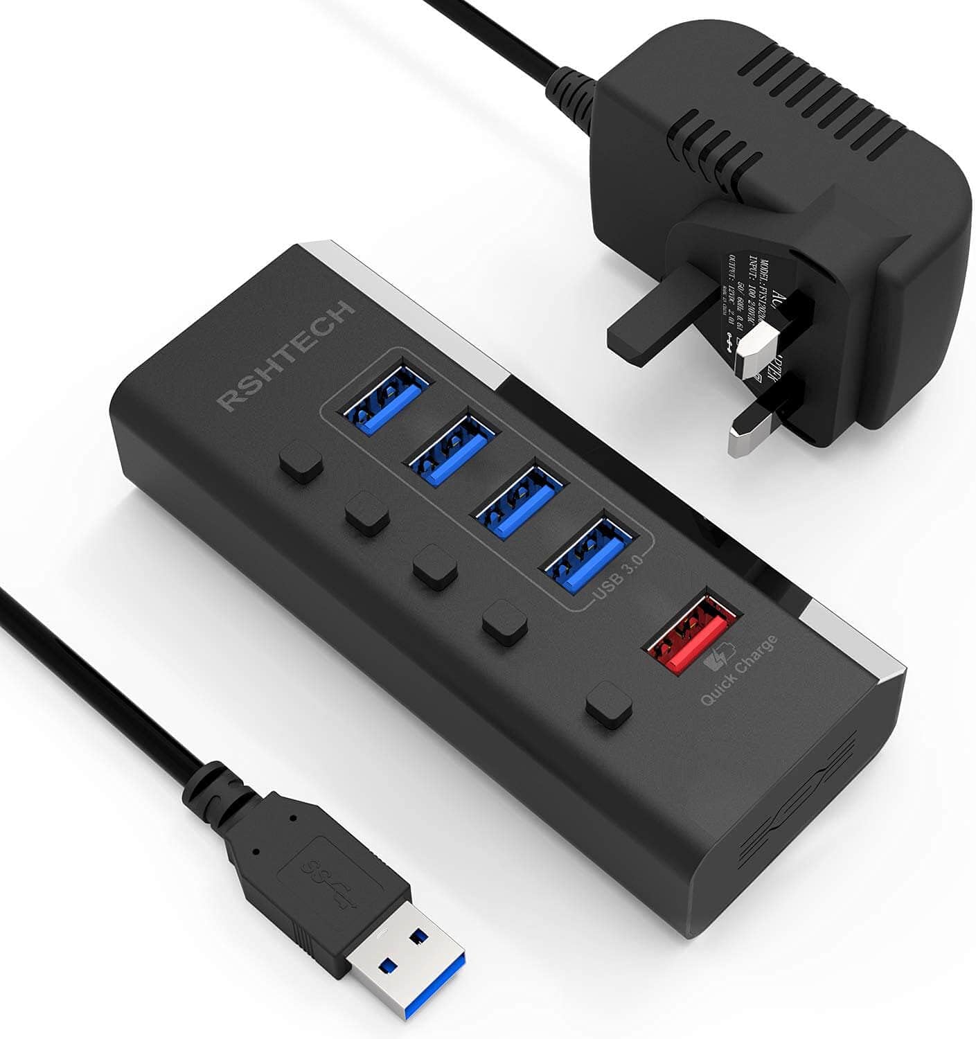 RSHTECH Powered USB Hub 3.0, 5-Port USB 3 Dock with 4x USB3.0 Data Port + 1x Fast Charging Port Portable USB Splitter with 12V/2A 24W Power Supply (RSH-A35)