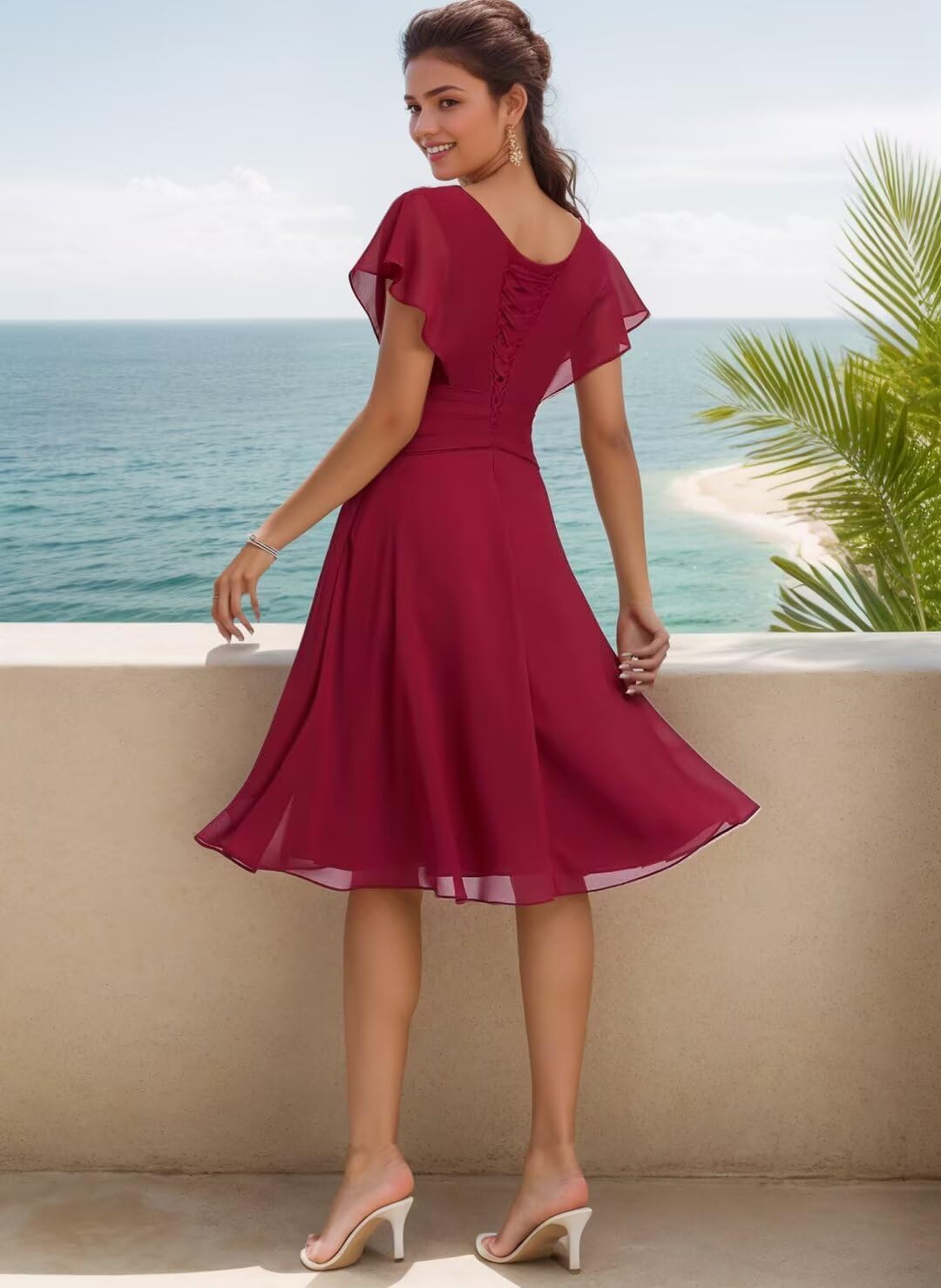 Knee Length Bridesmaid Dresses for Wedding Beach Chiffon V-Neck Formal Dresses for Women 2025 with Short Sleeve