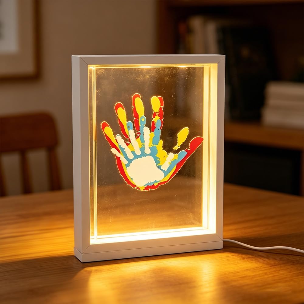 Kit d'Empreintes Familiales avec Veilleuse LED et Pigments - Cadre en Bois pour Bébé, Couples - Cadeau Personnalisé (Blanc)