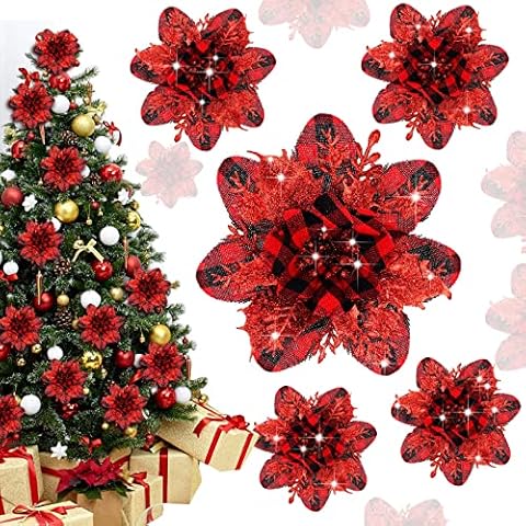 12 Pcs Christmas Buffalo Plaid Poinsettia Flowers Faux Poinsettia Flowers Xmas Glitter Flower Ornaments with Clips and Stems for Xmas Tree Wedding Party Decorations(Gold Sequins) Cover