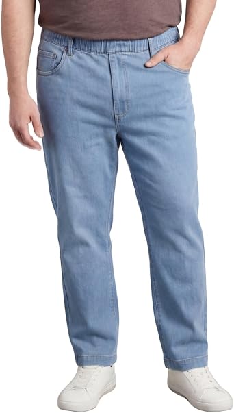 Mens Lightweight Casual Elastic Waist Pull-On Jeans Denim & Twill Pants with Easy Fit