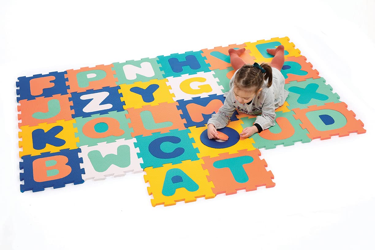 LUDI — Buchstabenfliesen — Riesiger XXL-Schaumteppich — Alphabet 26 Fliesen — abnehmbare Buchstaben — 2D- und 3D-Puzzle — ab 10 Monaten