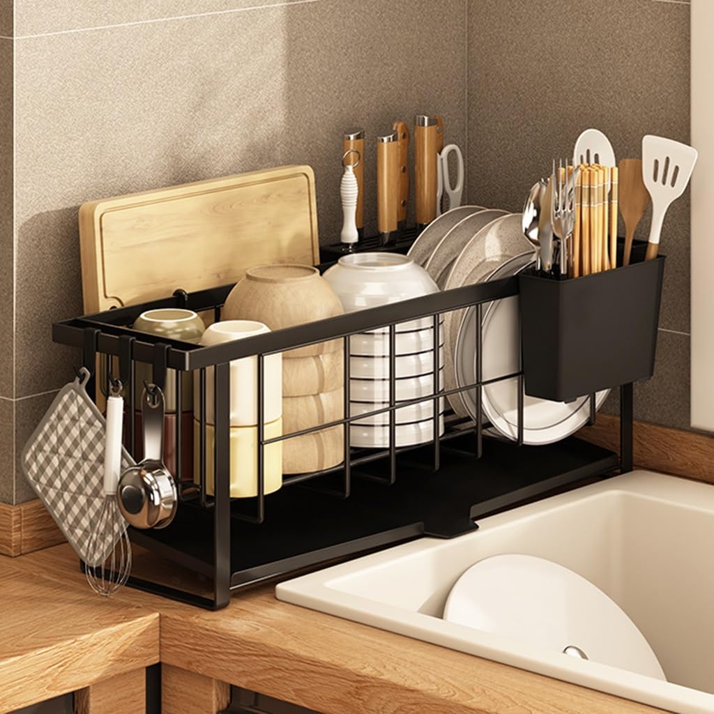 SDVantage Stainless Steel Dish Rack with Drainboard 2Tier Kitchen Countertop Nizer for Sink Small Dish Drying Rack with Utensil Holder and Spout White，/Black-1 Tier