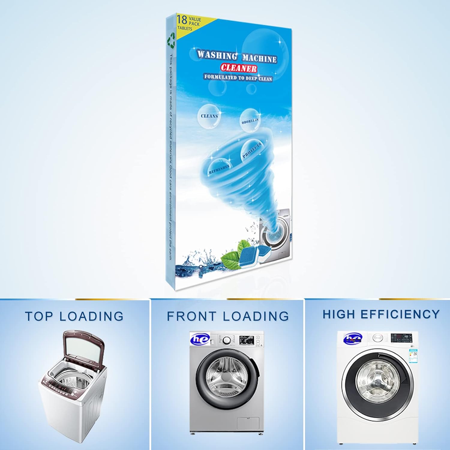 DOKIKO Washing Machine Cleaner tablets 18 Pack- Deep Clean Tablets for HE Front Loader & Top Load Washer, Eco-Friendly Septic Safe Deodorizer to Clean Inside Drum & Tub Seal. : Health & Household