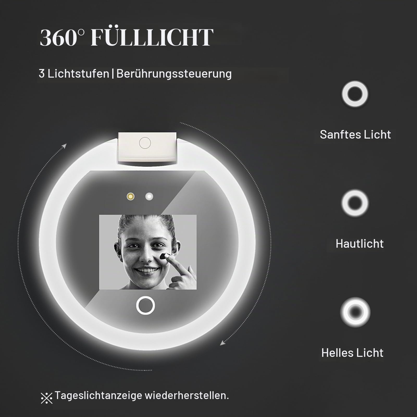 Yunseity Kompakter Spiegel mit UV-Kamera, 3,5-Zoll-2-facher Vergrößerung Reise-Make-up-Spiegel mit Licht Zur Überprüfung des Sonnenschutz Mittels Im Gesicht, Doppelseitiger