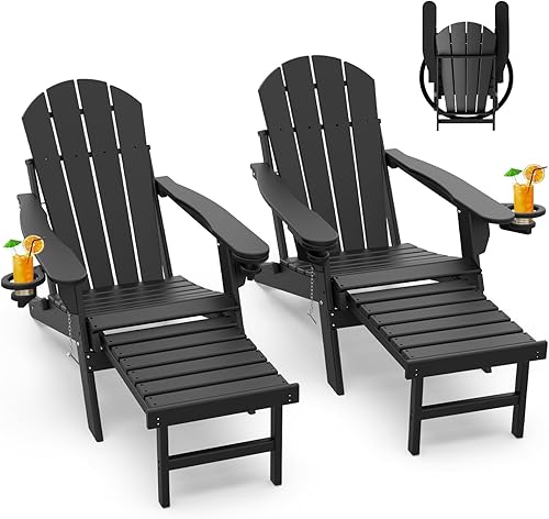 GREENVINES Adirondack - Sillas con otomana  Juego de 2  Plegables  Reposapiés retráctil  Plástico HDPE  Silla para hoguera para todo tipo de clima