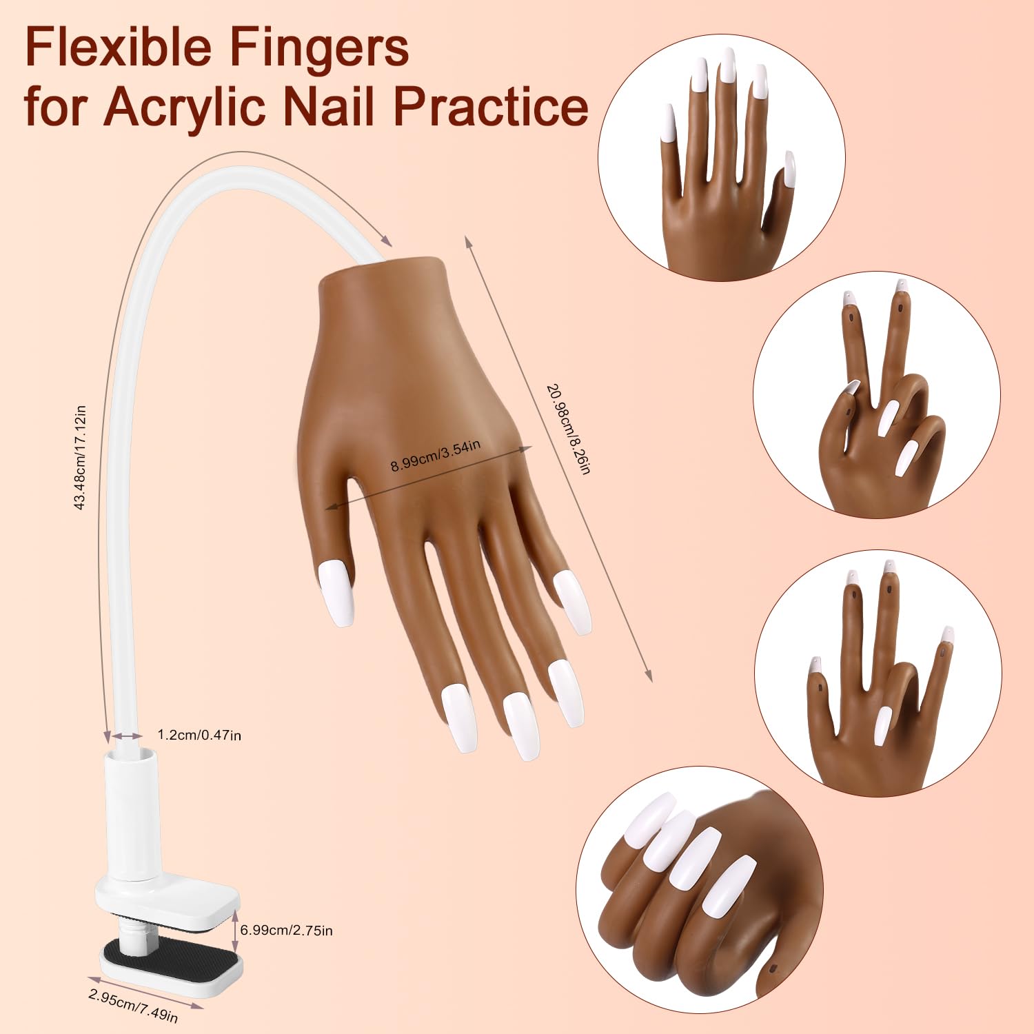 Juego de uñas acrílicas con mano de práctica y 100 uñas de repuesto – Kit profesional de manicura para uñas postizas, extensión de uñas, polvo acrílico, cepillo, diamantes de imitación y almohadilla