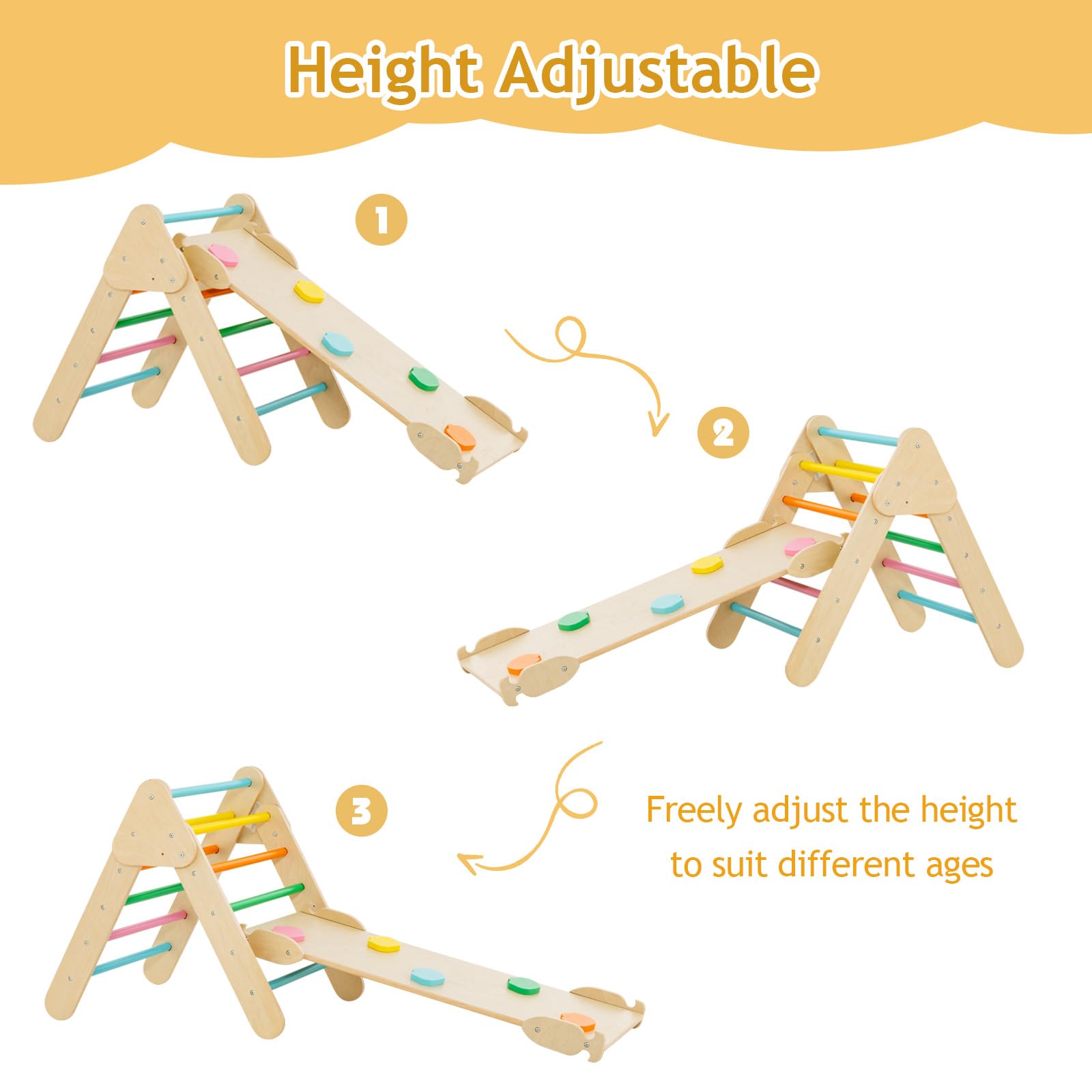 HOMASIS Triángulo de Escalada Multiusos 3 en 1 para niños, Juguetes Montessori con Tobogán Rampa Arco, Juego de Escalada con Slide Aprendizaje para Guardería Casa, para niños de 1+ año (Multicolor)
