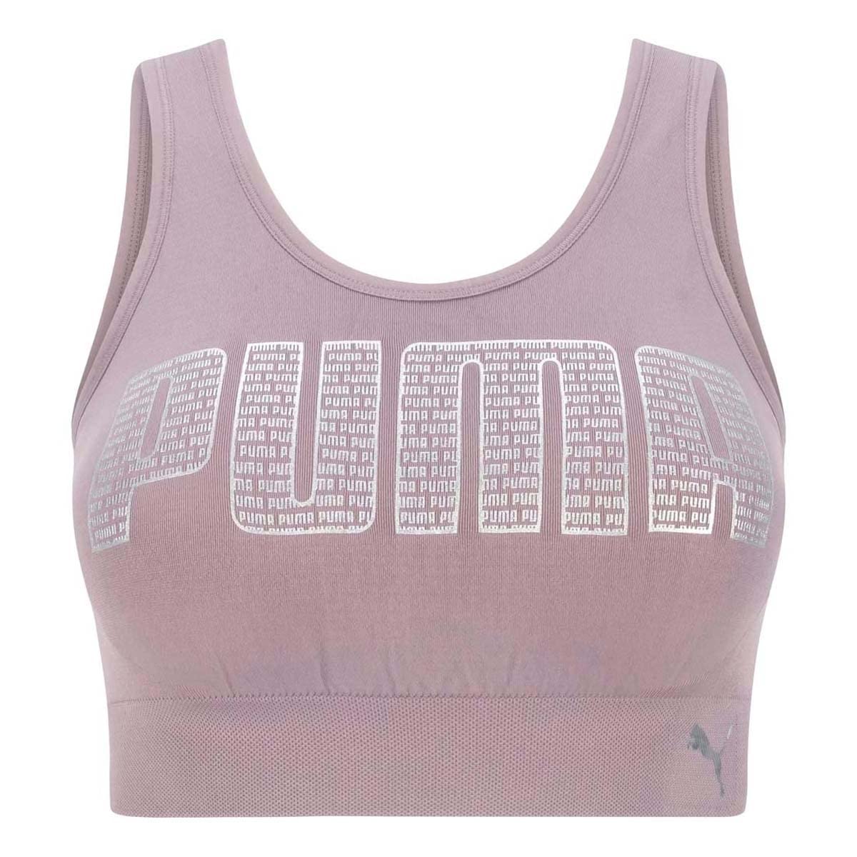 PUMA Damski bezszwowy biustonosz sportowy Asana z nadrukiem logo, Jasnopastelowy szary, S