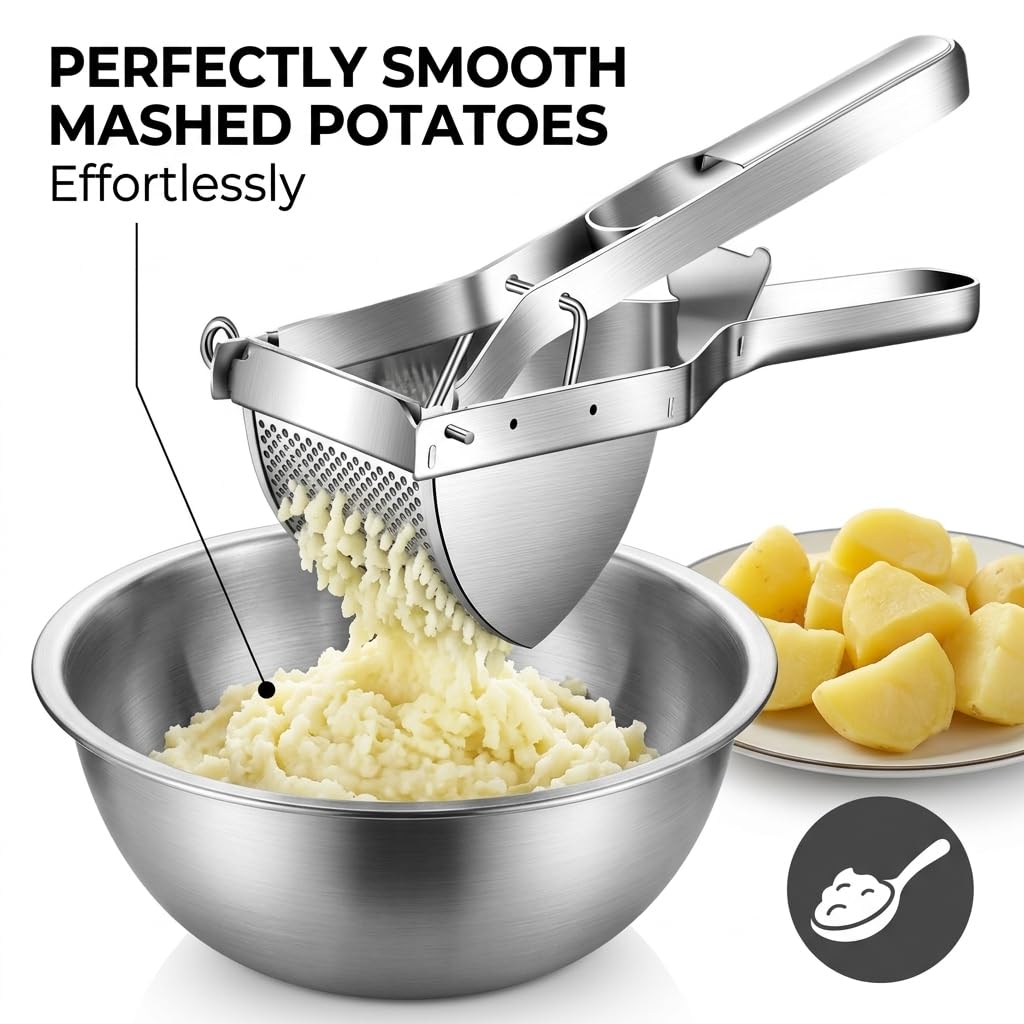 Prensador de patatas de acero inoxidable con raspador de masa, exprimidor para puré de papas, triturador profesional, herramienta de cocina, prensa de frutas, triturador de alimentos para bebés,