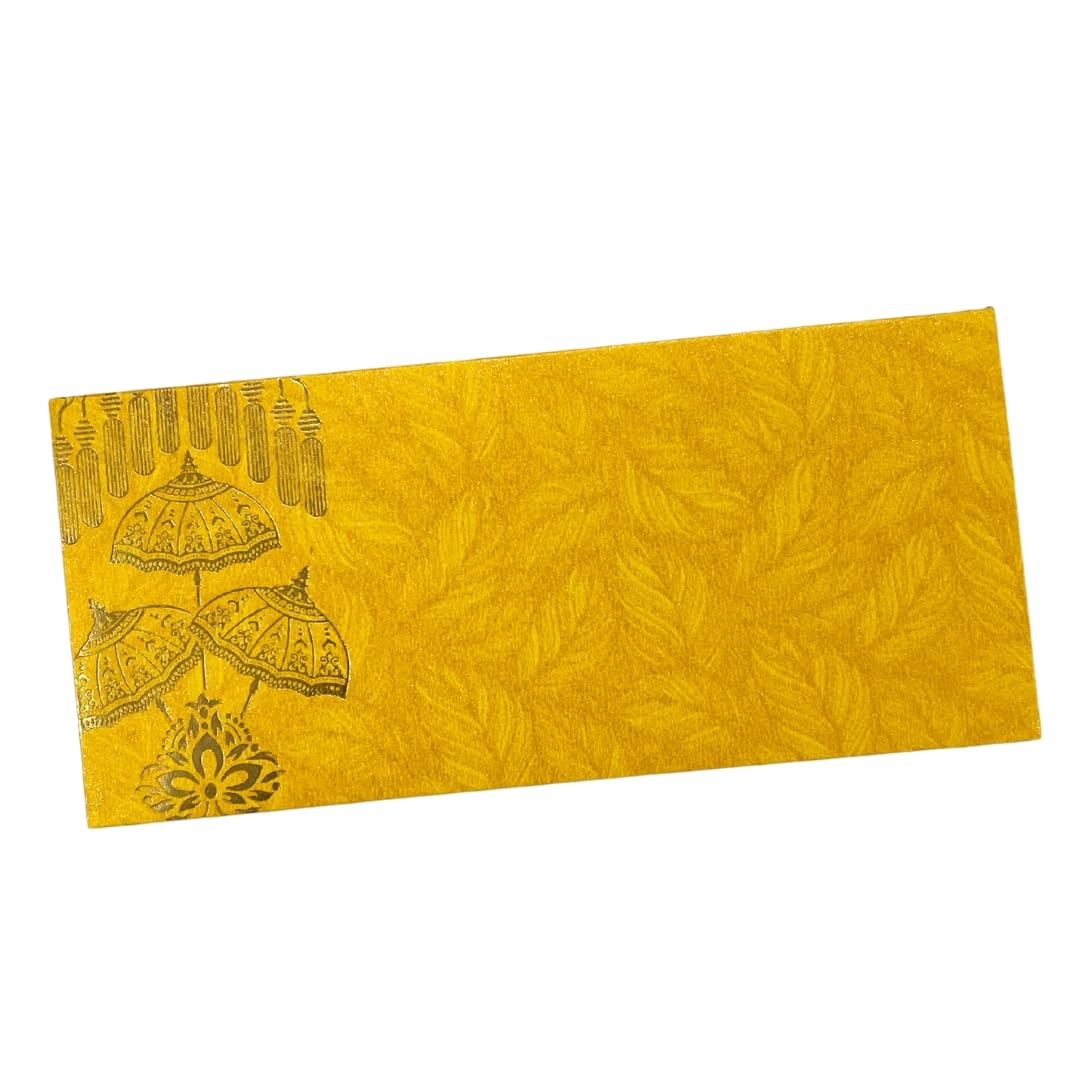 Vanya Creations Pack of 50, Rectangle Shape Metallic Paper Shagun Envelopes for Gifting Sagan Lifafa Wedding Occasion Cash Money, 18 X 8 cm, Yellow Color - Umbrella Design