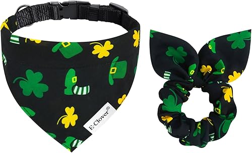 E-Clover Collar de perro del día de San Patricio, bandana y coletero a juego, collares ajustables para perros XS y pequeños, gatos, regalo para