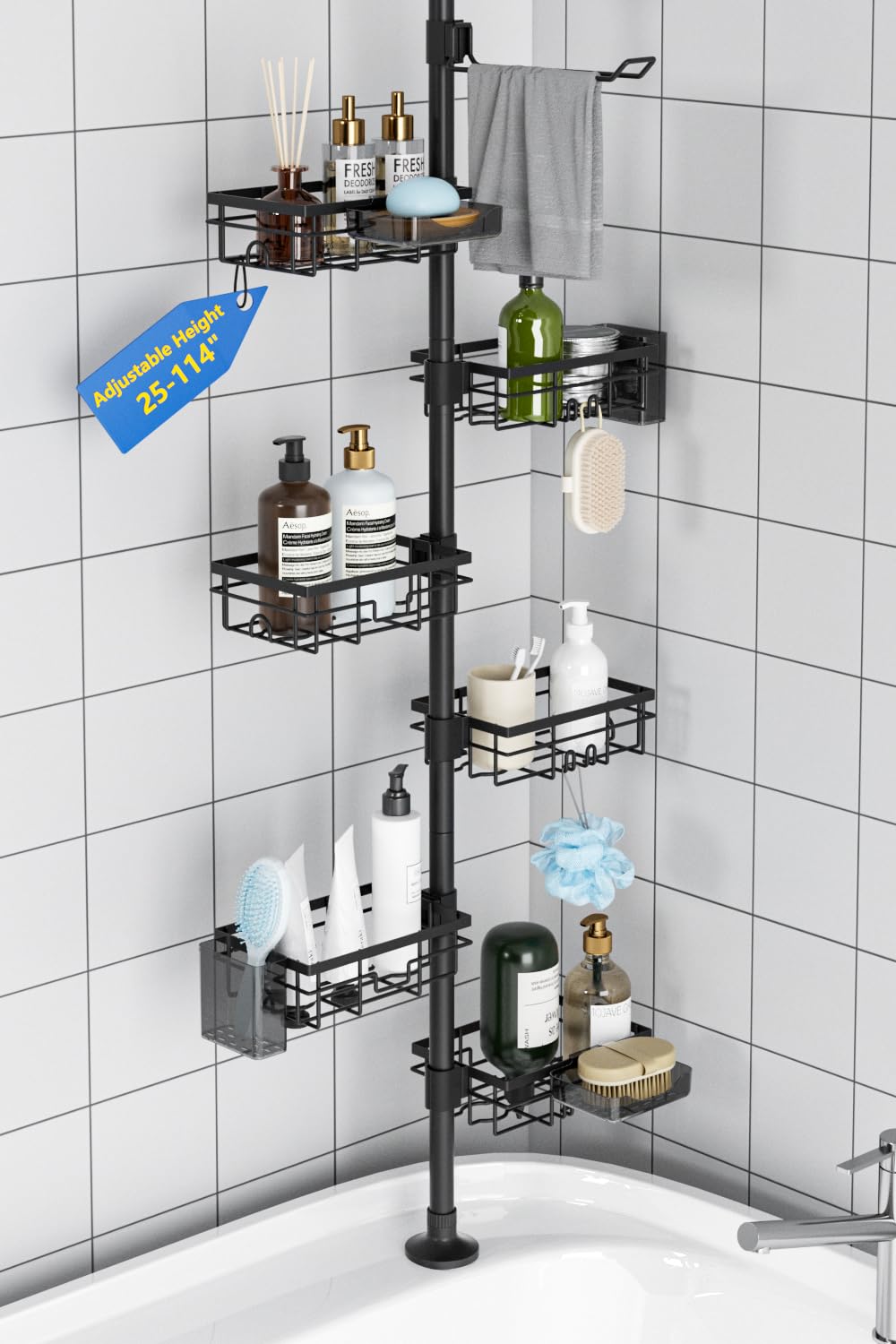 GearFusion Shower Caddy Organizer Tension Pole Rustproof 4 Tier Corner Shower Rack with 25 114 Inch Adjustable Height