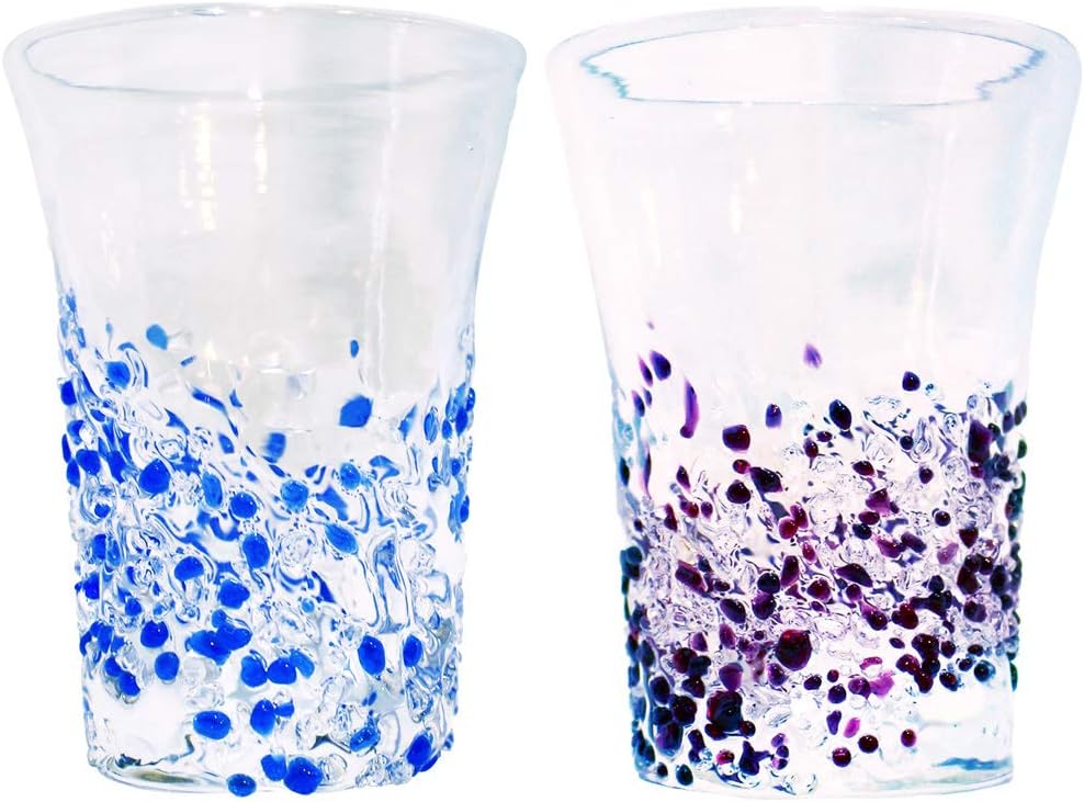 Tida Kobo Beer Glasses (Blue/Clear, Gold Red/Clear), φ2.8 inches (7 cm), Crushed 2 Pieces