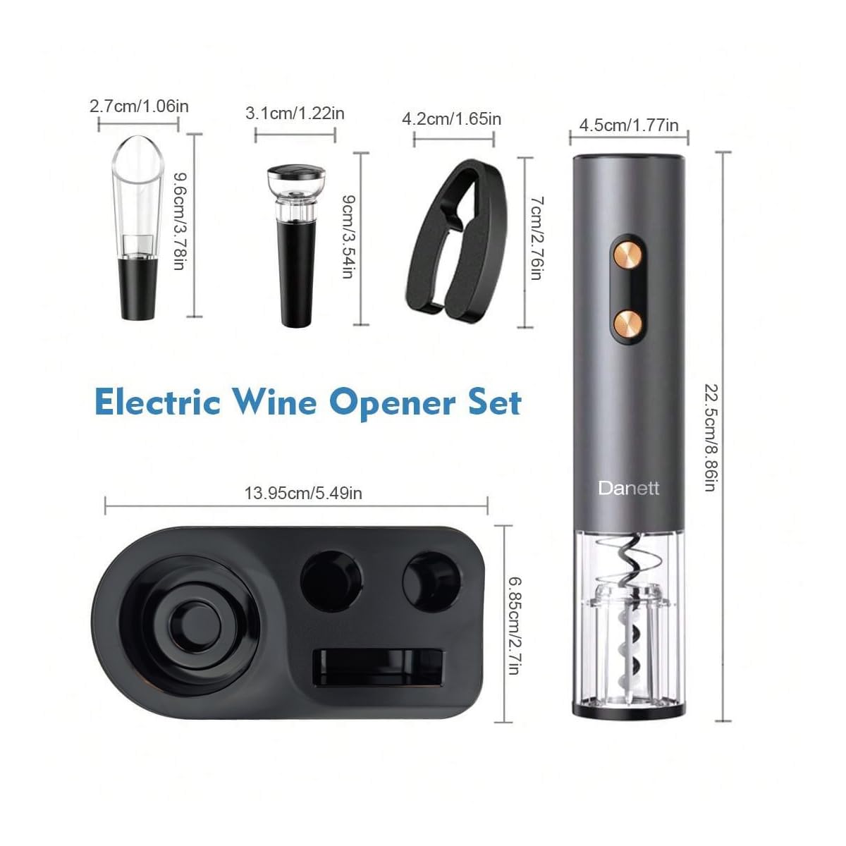 Danett Automatic Electric Wine Opener Gift Set 5in1, Electric Wine Corkscrew,Wine Foil Cutter,Wine Pourer,Wine Vacuum Stoppers+Base,AL alloy body&Gold Buttons Anti-fingerprint,LED Light Bin-Grey