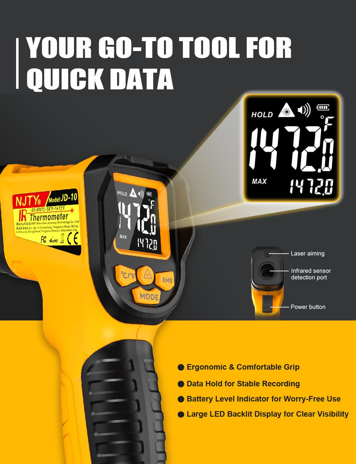 NJTY Infrared Thermometer Gun, -58℉ to 1472℉, High Precision, Non-Contact Laser Temperature Sensor with Backlit LCD, for Cooking, BBQ, Automotive, Industrial Use