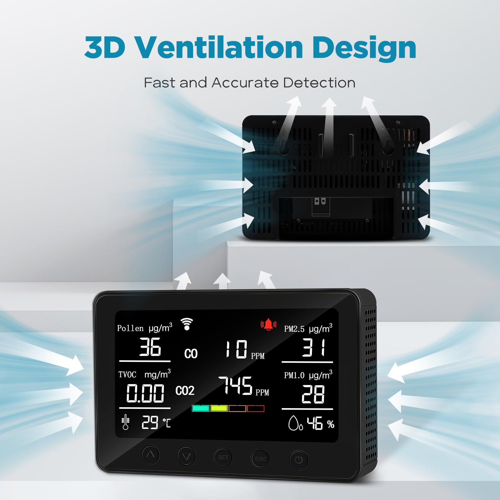 CF-30 Monitor de calidad del aire para interiores para polen, CO2, PM2.5, PM1.0, TVOC, temperatura, humedad, contaminación del aire con pantalla LCD grande, APP para configuración e historial