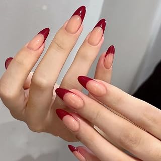 French Tip Press on Nails Almond Shaped Fake Nails Medium False Nails with Designs Acrylic Artificial Full Cover Glue on Nails Glossy Stick on Nails for Women（Pink Red）24Pcs
