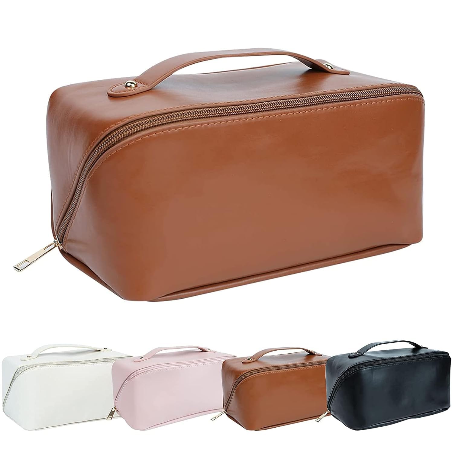 HAYSCH Large Capacity Cosmetic Travel Bag, Women's Makeup Travel Bag Portable Leather Cosmetics Bag | Makeup Storage Bags with Handle and Divider | Wide Opening Cosmetic | Makeup Organizer (Brown)