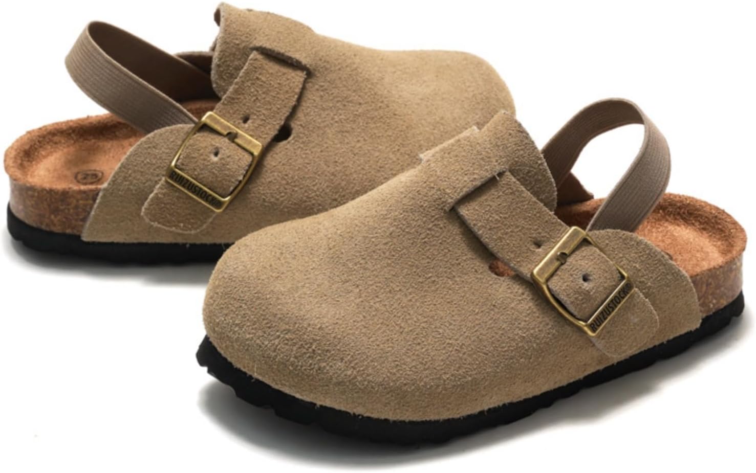 Boys Girls Suede Clogs Kids Toddler Clogs with Arch Support Adjustable Buckle Mules Cork Footbed Sandals Slip On Comfort Potato Shoes for Outdoor Indoor Apricot
