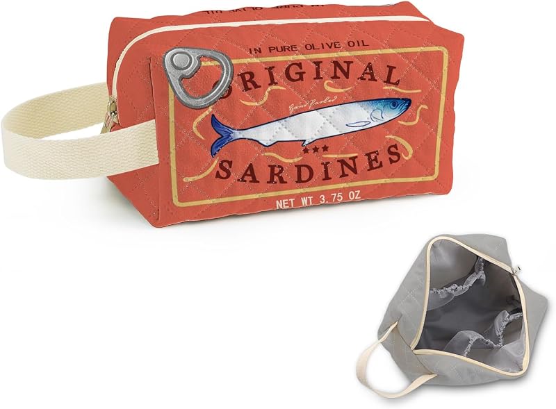 Necessaire de maquiagem acolchoada com estampa de lata de sardinha laranja SuoSycorax