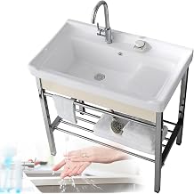 Spacious White Freestanding Modern Utility Sink, 61x48x85cm, Ceramic & Stainless Steel, 1 Hole, Central Drain, Glossy Finish, Laundry Room, Garage, Basement
