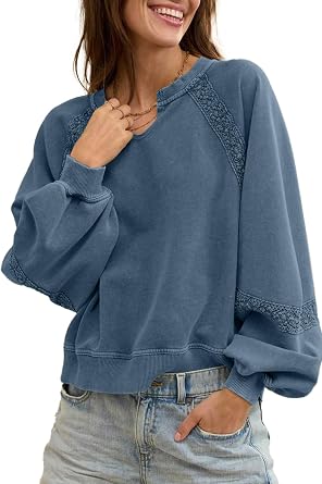 Maketina Womens Casual V Neck Sweatshirts Long Sleeve Lace Embroidered Sweatshirt Loose Fit Pullover Tops
