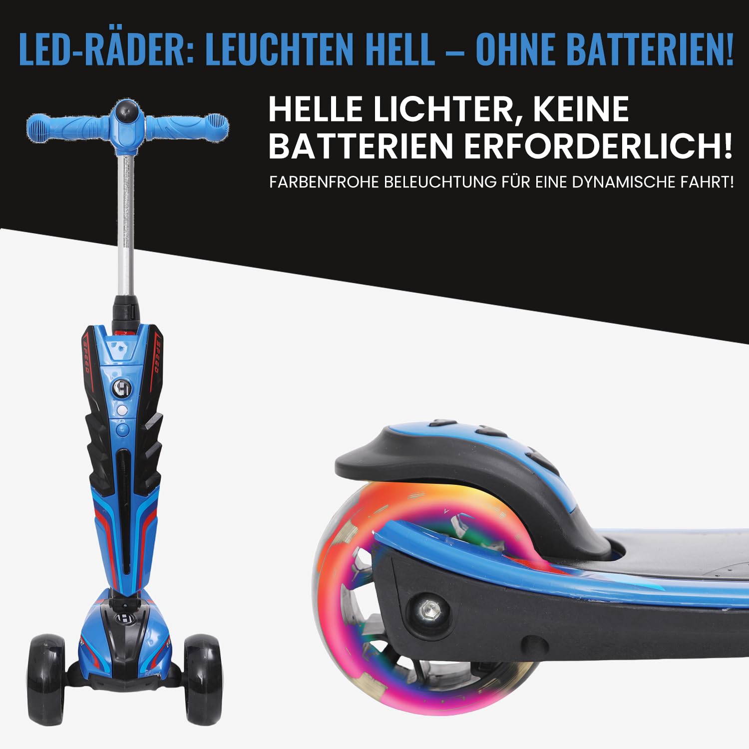 Habib Kinderroller LED Leuchträder, 3 Rad Tretroller - Klappbar, Höhenverstellbar, Mädchen & Jungen, Scooter 3-12 Jahre, bis 50kg