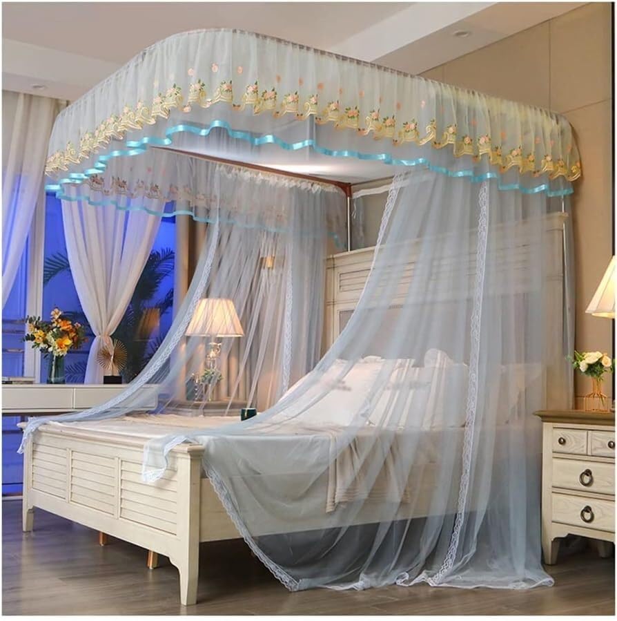 Moustiquaire de lit baldaquin bleue 150x200 avec support métallique