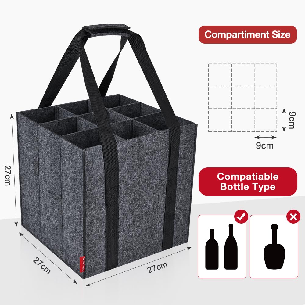 Eurhomewit Borsa per Bottiglie Vino Acqua in Feltro, 9 Scomparti Borse Porta Vino Portabottiglie, Borsa Trasporto per Vino Bottiglie in Vetro 1,5 litri, Riutilizzabile - Nero