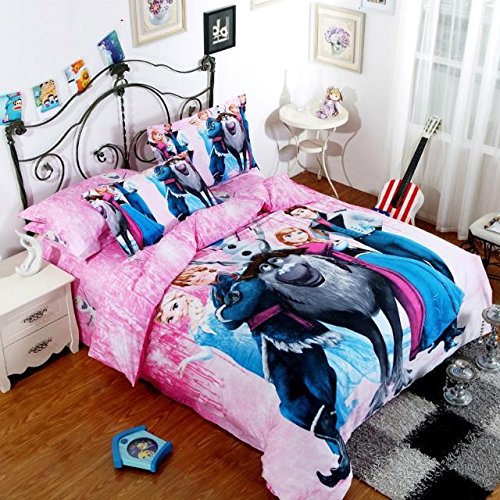 Princess Elsa Anna Frozen Cartoon Comforter Bedding Set Queen Size A6 Flat Sheet Duvet Cover Bed Sheet Pillow Case, Pink