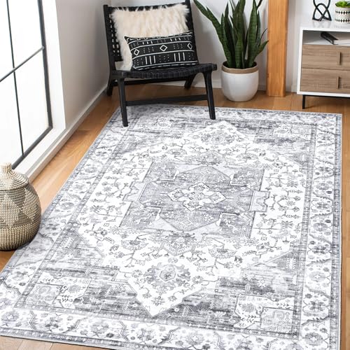 XSIVOD Area Rugs for Bedroom Living Room, Grey Washable Rugs for Entryway Kitchen Mat, Non Slip Bedside Vintage Rug, Soft Oriental Rug Accent Floor Carpet for Home Decor, 90 x 150 cm