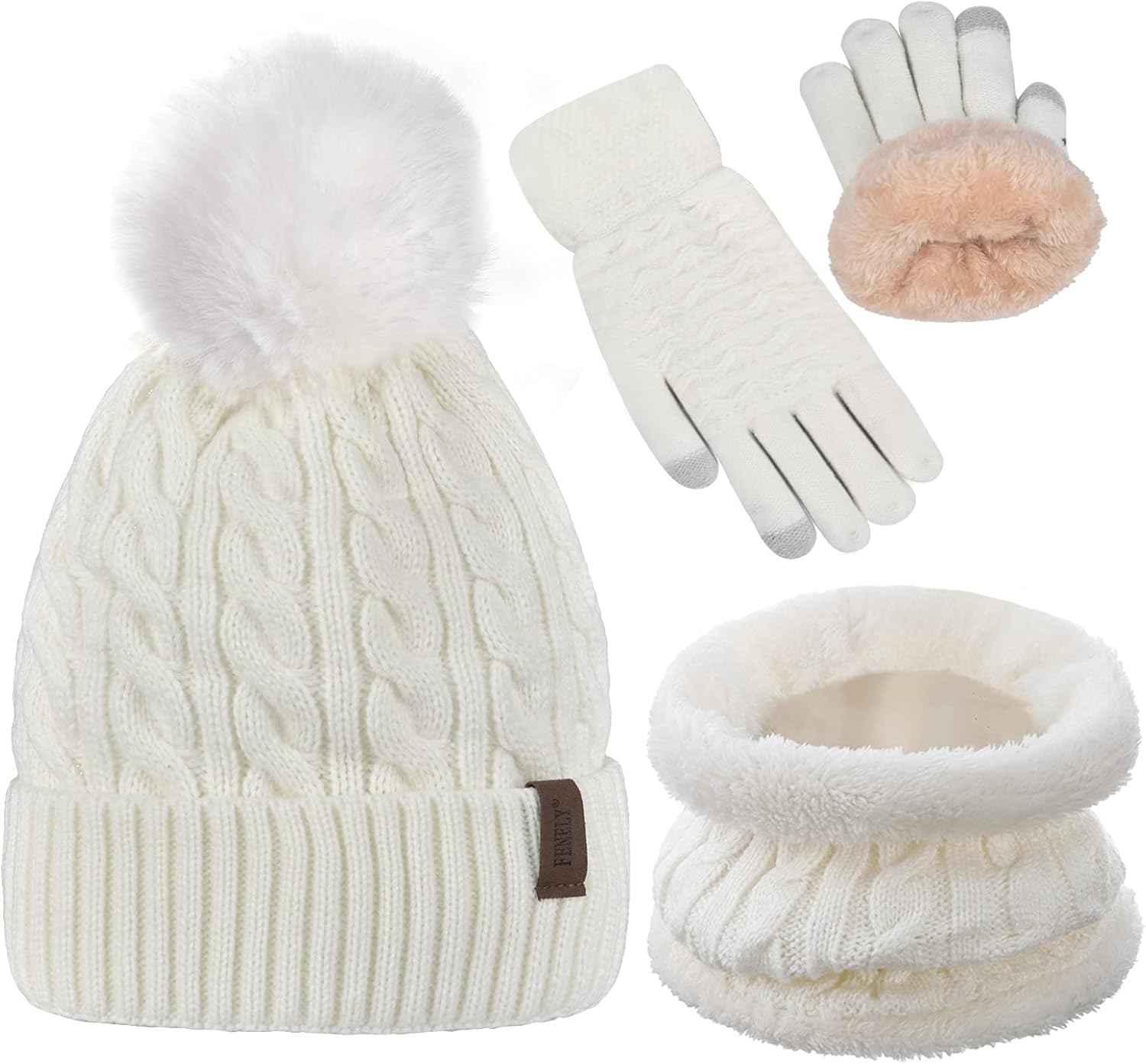 Womens Winter Beanie Hat Scarf and Gloves Set Girls Cable Beanies with Pompom Infinity Scarf Knitted Touch Screen Gloves Sets Ladies Beige Knit Thick Warm Soft Fleece Lined Thermal Cap : Clothing, Shoes & Jewelry