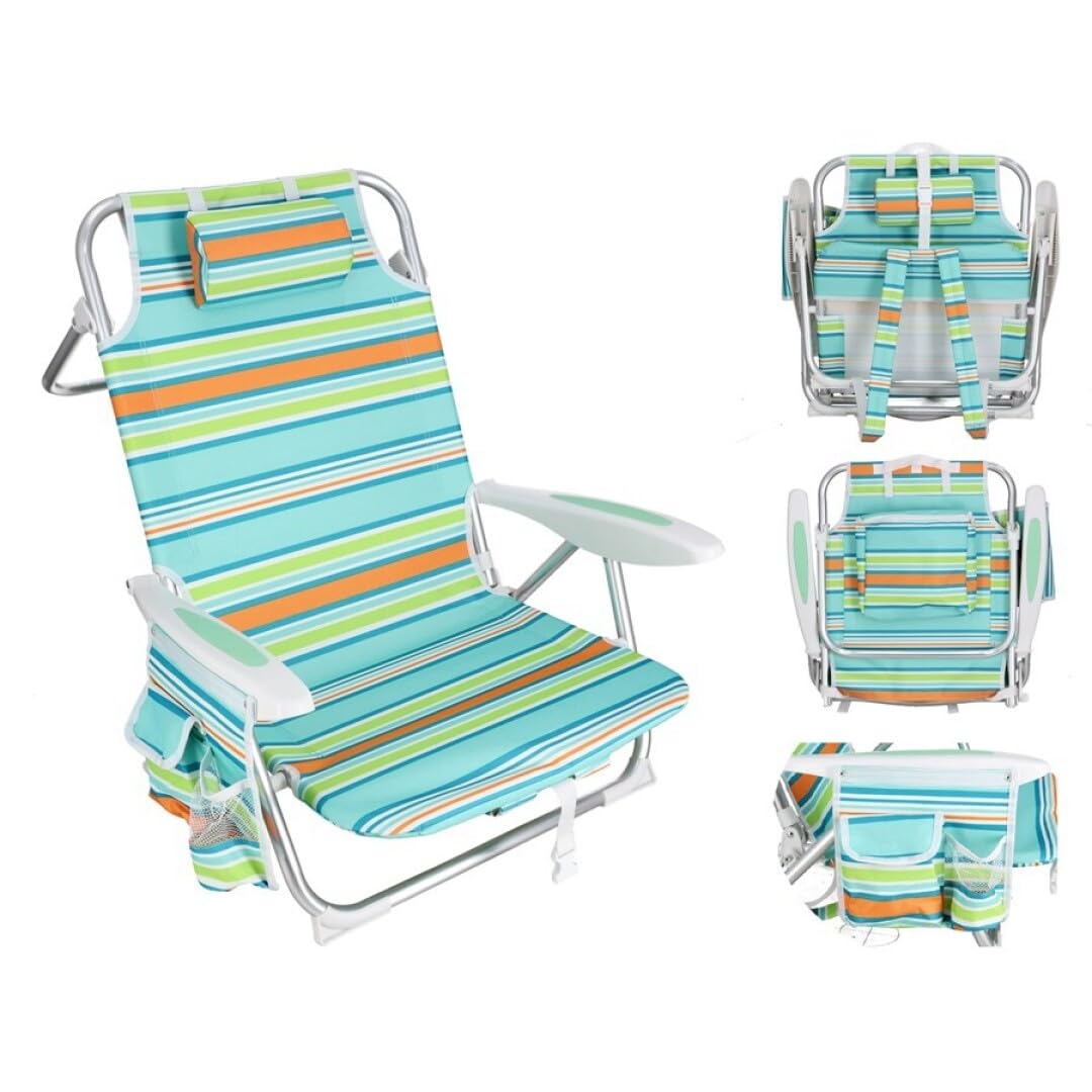 Pincho Silla Playa Plegable Ligera, Reclinable 4 Posiciones con Cojin, Ajustable, Estructura de Aluminio, Mochila, Bolsillo, Ideal Jardin Camping Piscina (2)