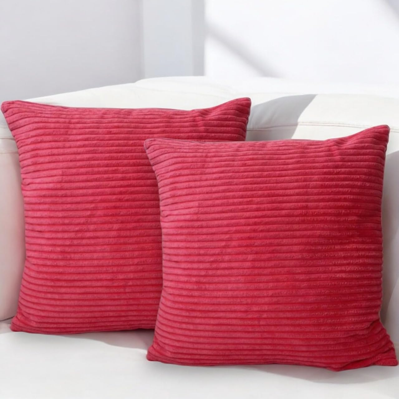 Seechoo Corduroy Cushion Covers, Set of 2, 45 x 45 cm, Striped, with Invisible Zipper, 18 x 18 Inch (Pink) - Image 3