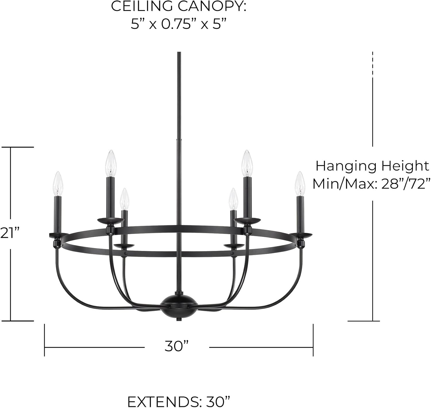 Capital Lighting 425161MB Rylann Urban/Industrial Minimalistic Candle Chandelier, 6-Light 360 Total Watts, 21" H x 30" W, Matte Black