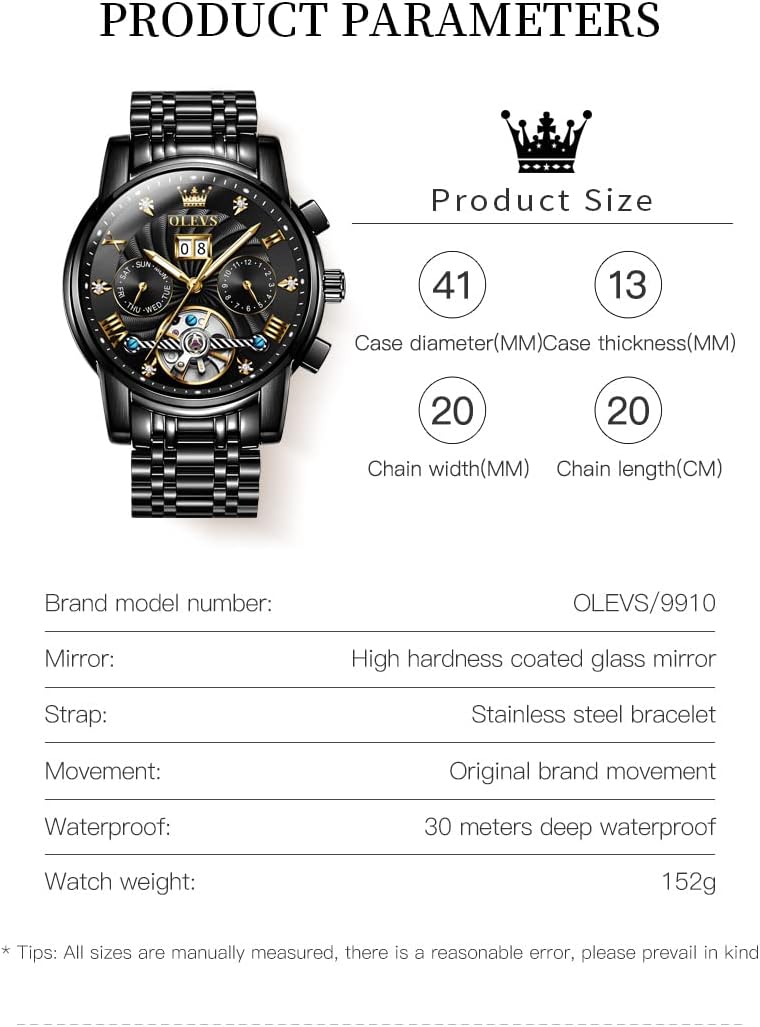 OLEVS Men Automatic Watch Skeleton 5 Hands Mechanical Classic Luxury Multi Calendar Stainless Steel Waterproof Wrist Watch for Men - Image 6