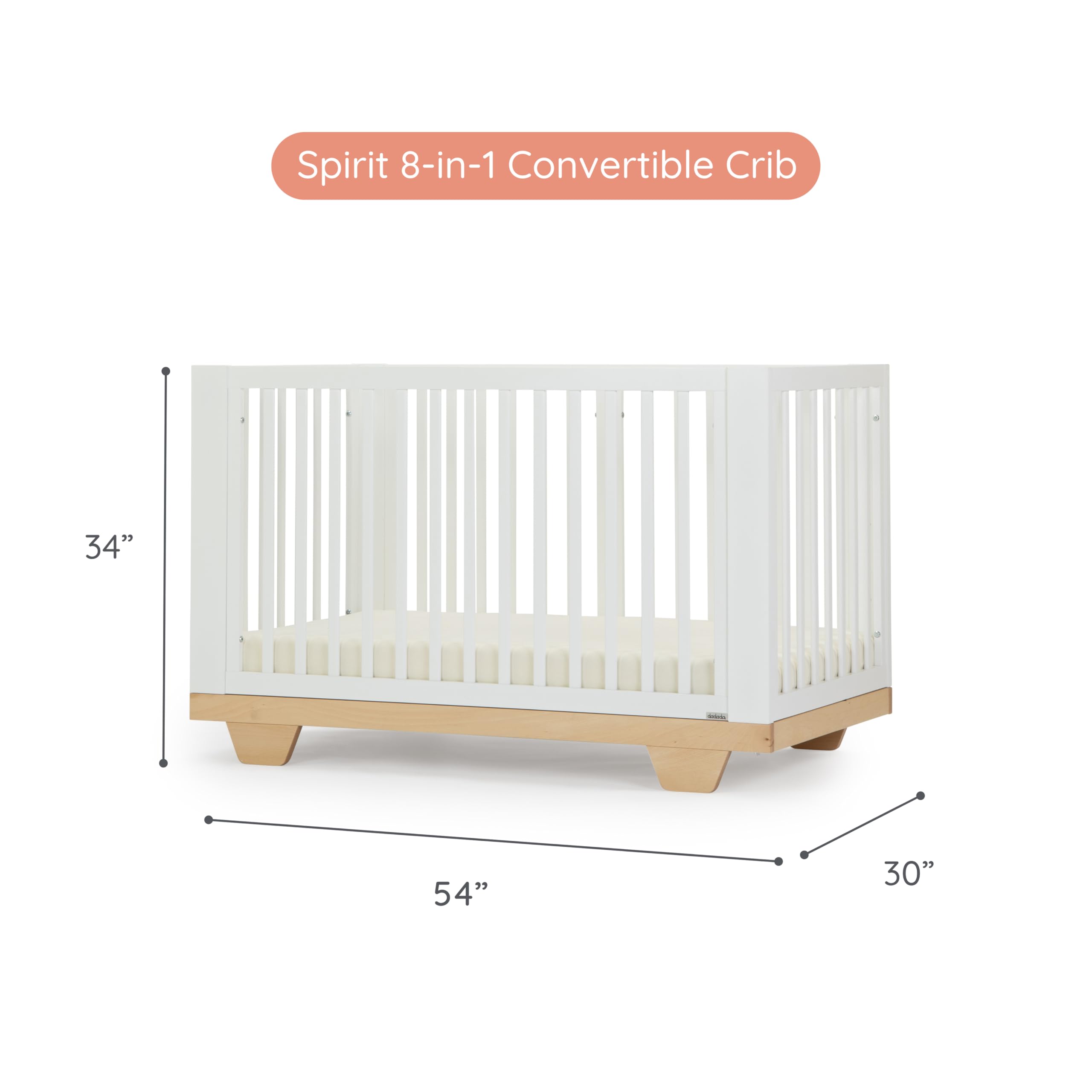 dadada Spirit 8 in 1 Convertible Crib to Toddler Bed & Floor Bed, Made in Italy, Greenguard Gold Certified, Adjustable Mattress Heights (White + Natural)