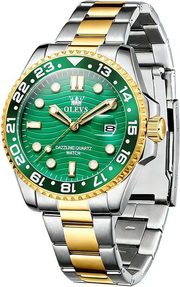 OLEVS Watch Men Luxury Easy Reader Big Face Analog Quartz Waterproof Stainless Steel Luminous Date Rotatable Bezel Dress Watches for Men Two Tone Casual Mens Wrist Watch