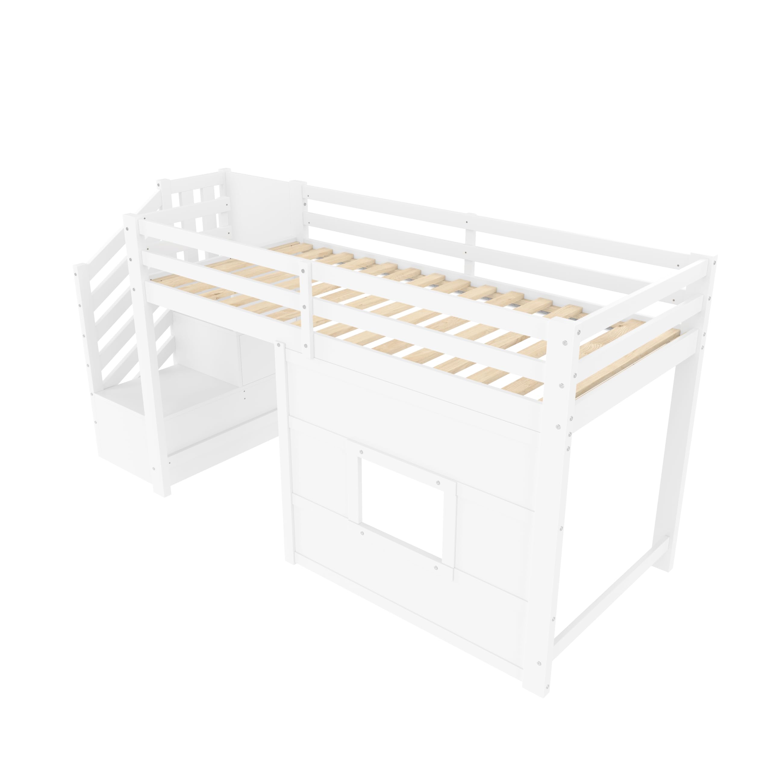 Sapgaks Lit Mezzanine Enfant 90x200 avec éclairage LED,lit mi Hauteur avec escalier de Rangement et fenêtre,Cadre de lit Enfant 90x200 (J-Blanc 90)