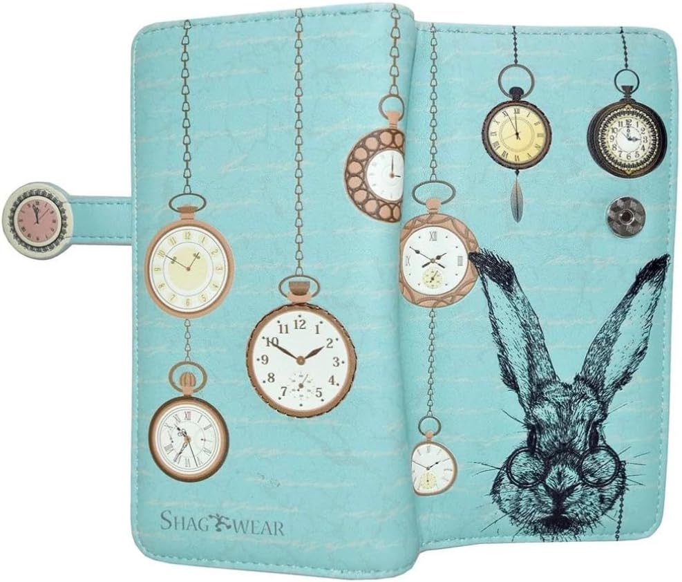Shag Wear Pocket Watch Rabbit Large Wallet Vegan Faux Leather Vintage Storybook Design Clutch with Card Slots Bill Compartments ID Window Zippered Coin Pocket 7" Teal