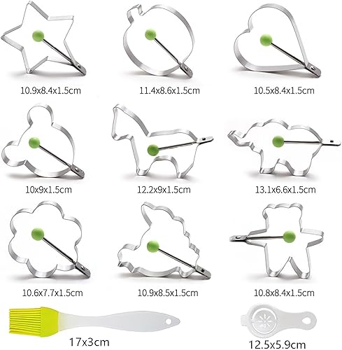 Miniatura 6 de Anillo de molde de huevo frito, 9 anillos de molde para panqueques de huevo con mango aislado, acero inoxidable, 9 anillos de huevo moldeadores