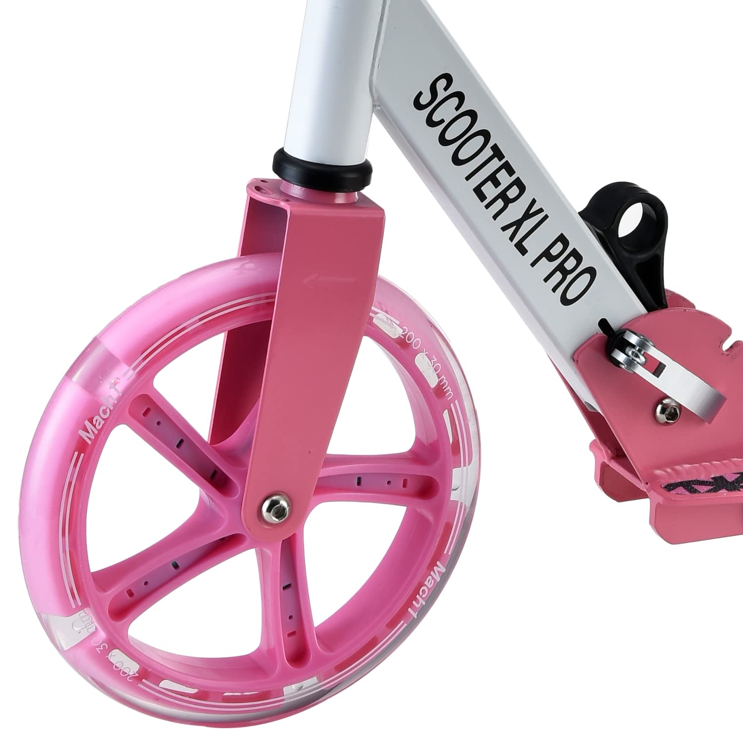 Mach1 Kick - Patinete de aluminio para ciudad, tamaño XXL, 200 mm, LED, ruedas para adultos y niños, plegable, color blanco y rosa